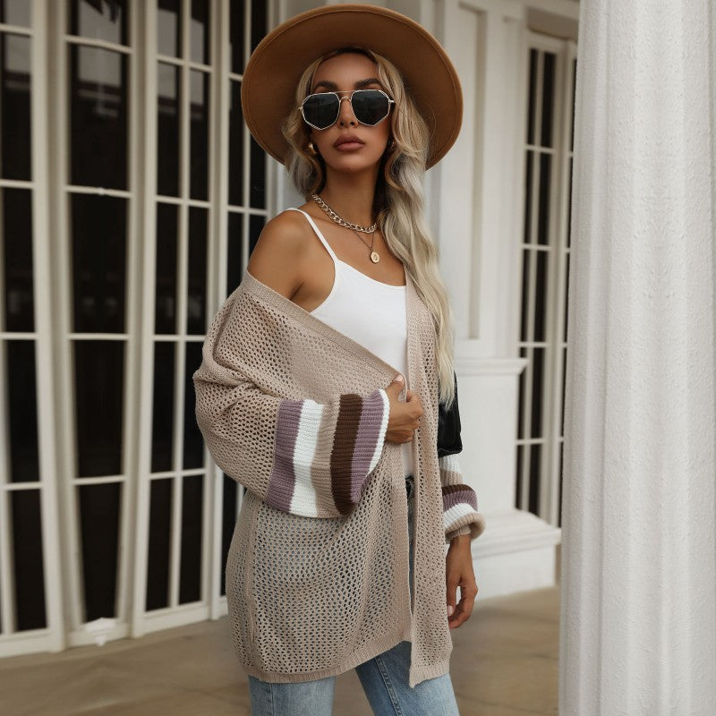 Women's Open Long Cardigan Knit Sweater with Openwork Knit, Balloon Sleeves and Striped Sleeve Fit Chichicherry