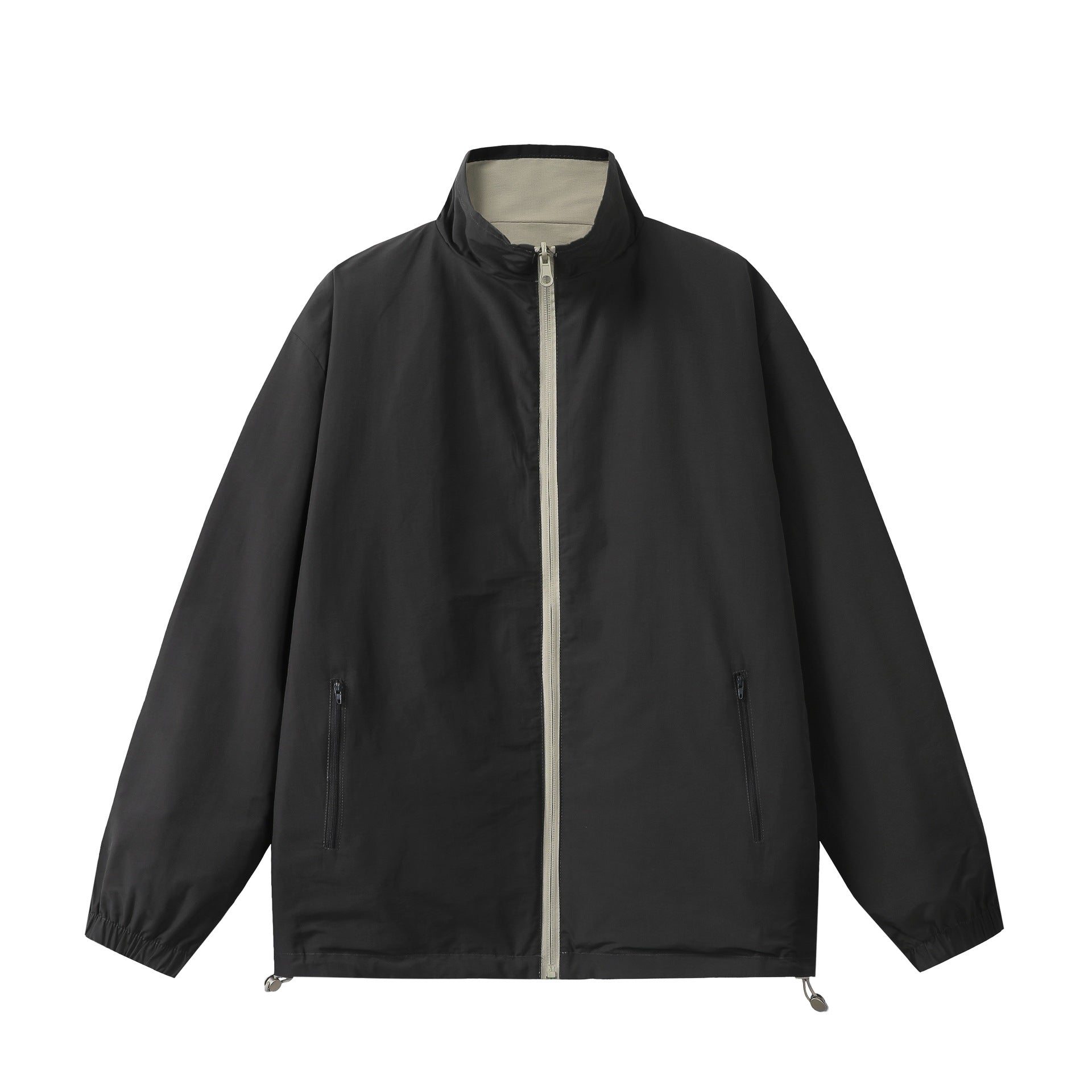 Unisex Lightweight Boxy Windbreaker with High Stand Collar and Drawstring Chichicherry