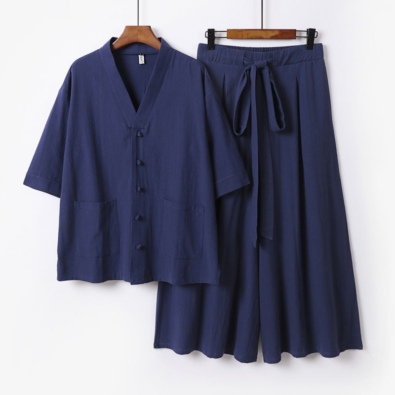 Women Two-Piece Kimono Lounge Set with Short Sleeve Button Jacket, Patch Pockets and Wide Palazzo Pants Chichicherry
