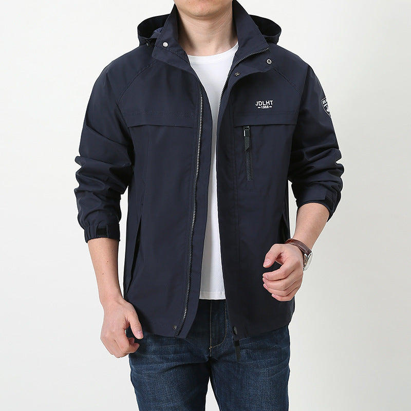 Men's Breathable Transitional Softshell Jacket in Field Style with Hidden Hood and Zip Chest Pocket Chichicherry
