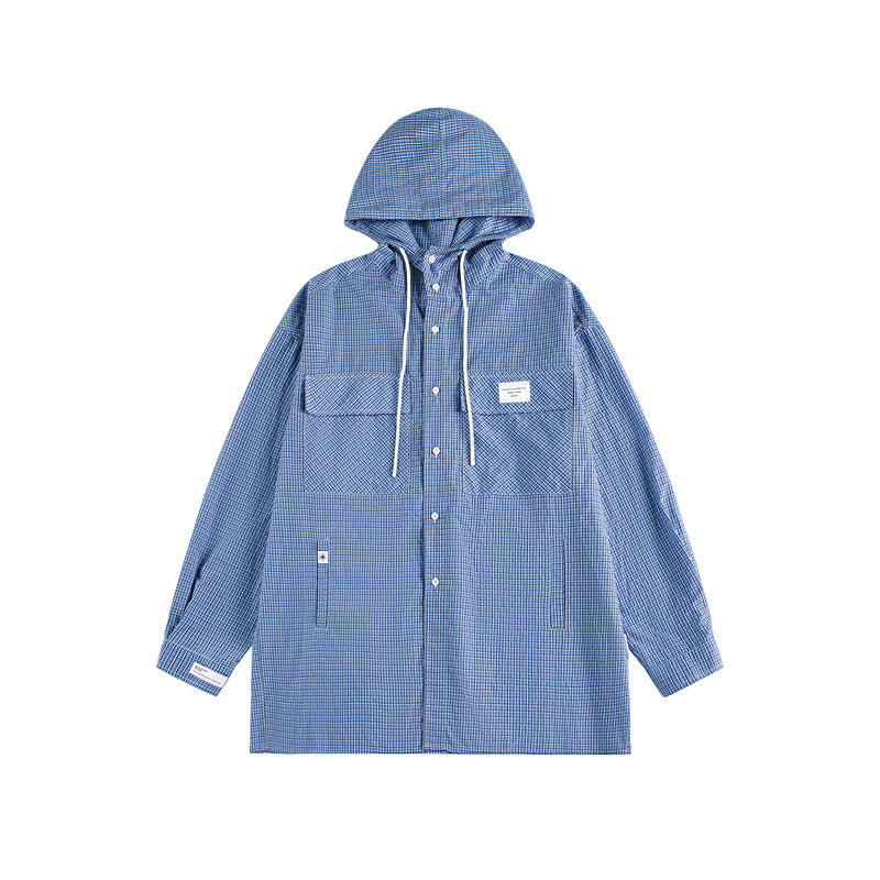 Unisex hooded overshirt in checked longline cut with flap pockets and snap button placket Chichicherry