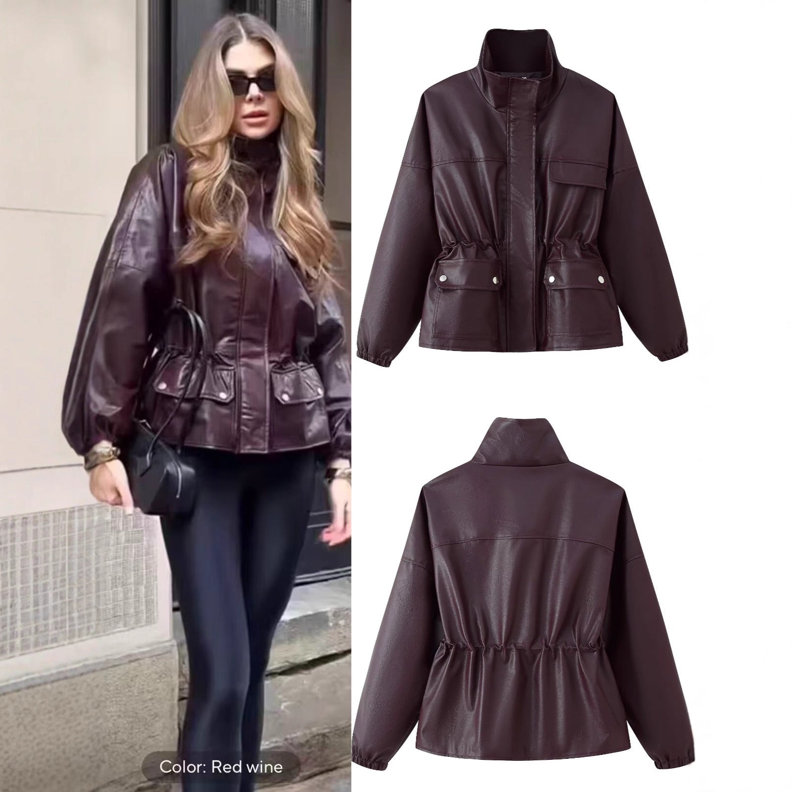 Women Faux Leather Parka with Stand Collar, Waist Drawstring, and Placket Pockets Chichicherry