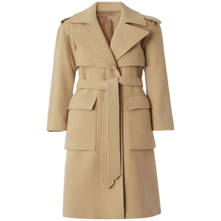 Women Mid-length Wool Blend Long Coat with Double Shoulder Yoke, Flap Pockets and Subtle Waistline Chichicherry