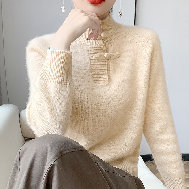 Women Cashmere-Look Mockneck Sweater with decorative Chichicherry button placket Chichicherry
