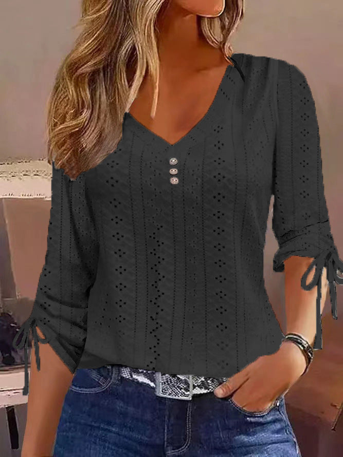 Ladies' openwork blouse with V-neck, decorative button placket and tie sleeves Chichicherry