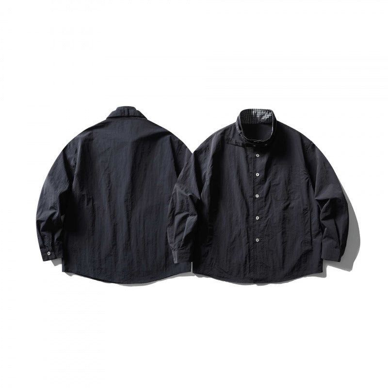 Unisex Wide Crinkle Shirt with High Standing Collar and Concealed Button Placket Chichicherry