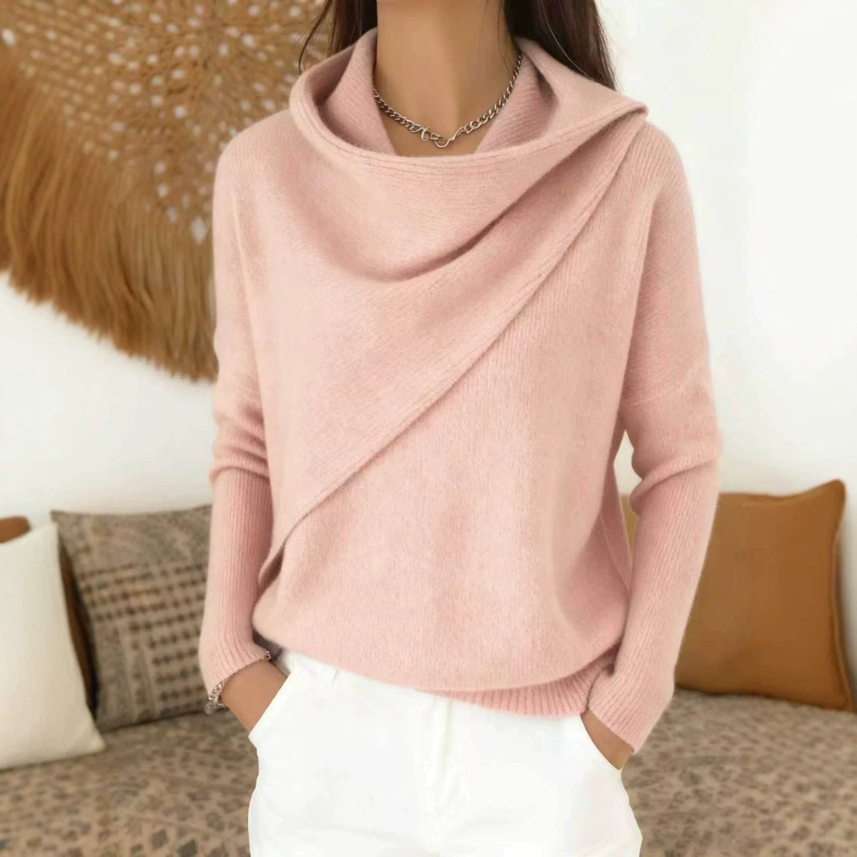 Women's Asymmetric Chunky Knit Sweater with Shawl Collar Chichicherry