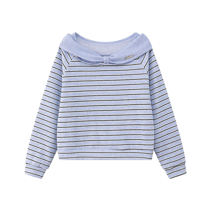 Women's Knitted Short Sweater with Off-Shoulder Cut, Bow Detail and Horizontal Striped Pattern Chichicherry