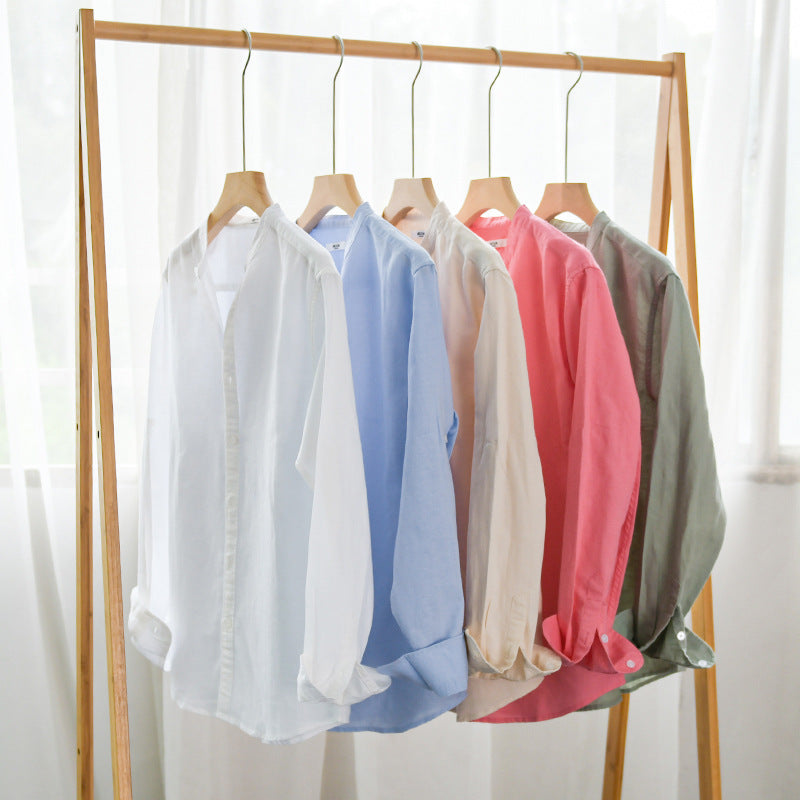Men's Lightweight Linen Blend Stand Collar Shirt in Relaxed Fit with Full Button Placket Chichicherry
