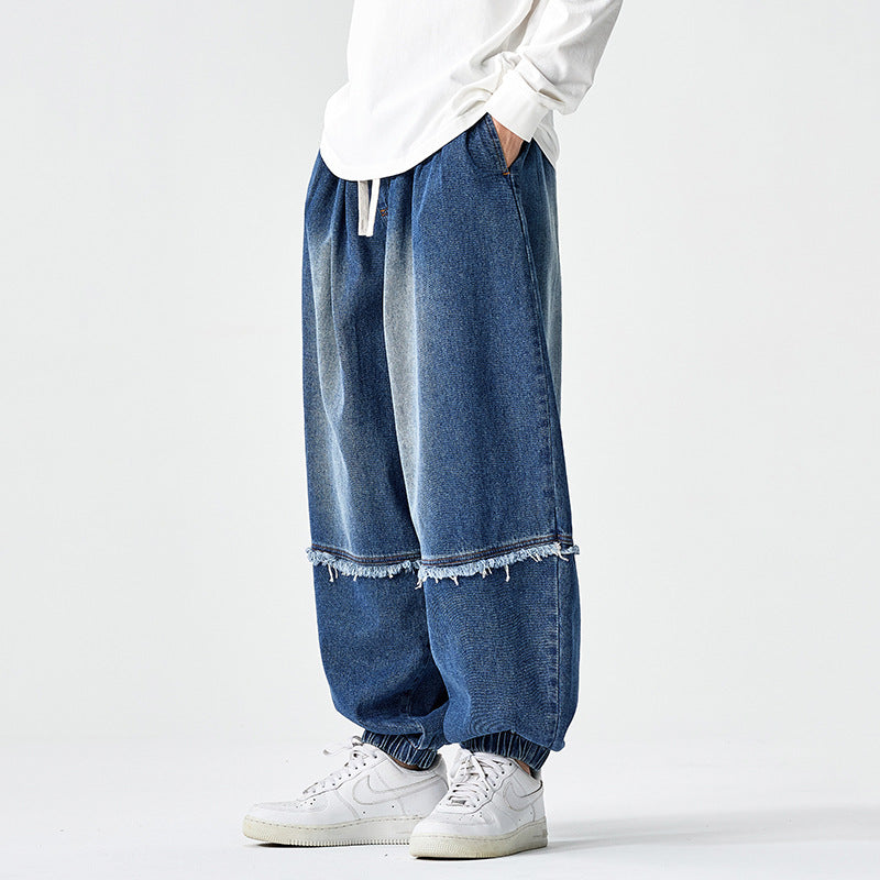 Men Wide-cut Baggy Denim Pants with Drawstring, Elastic Leg Openings and Fringed Detail Chichicherry