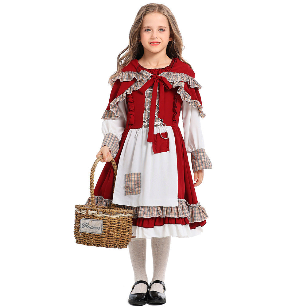 Girl Fairy Tale Little Red Riding Hood Costume with Hood and Ruffles Chichicherry
