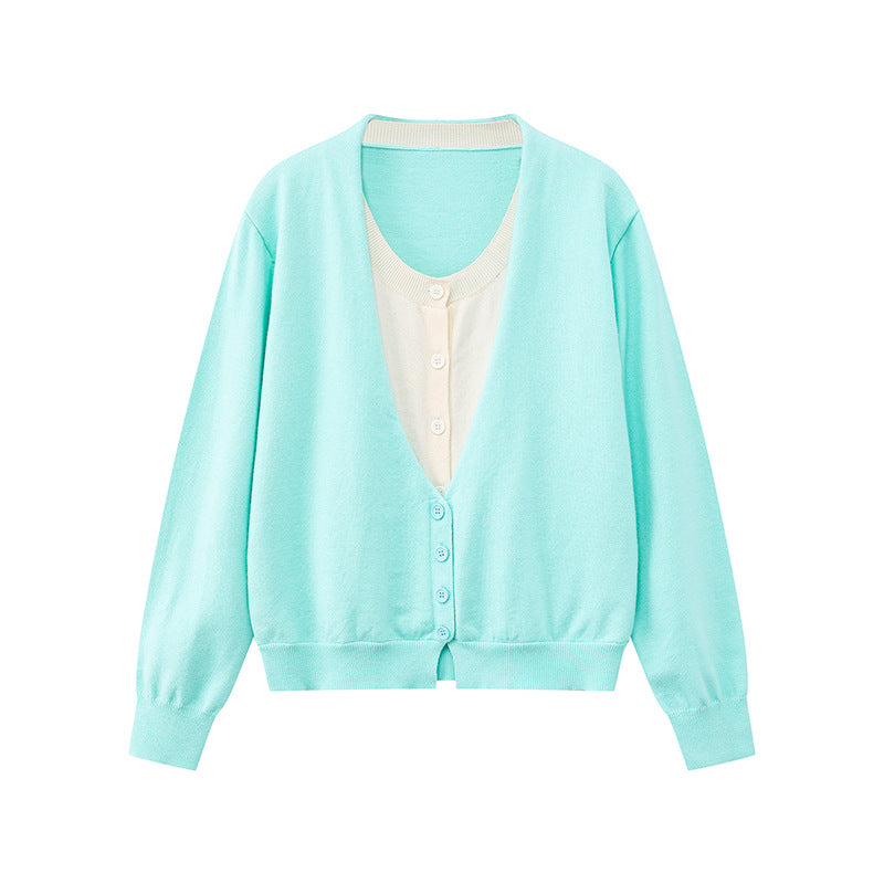 Women's Two-Layer V-Neck Cardigan with Integrated Henley Inner Layer Chichicherry