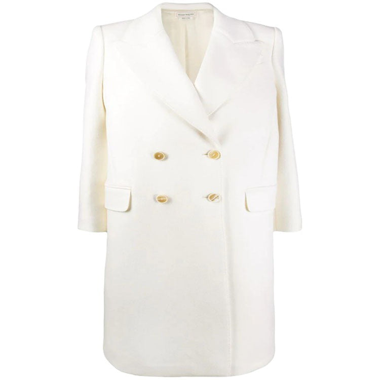 Women Slim Double-Breasted Wool Blend Long Coat with Shawl Collar, Gold Button Detail and Flap Pockets Chichicherry