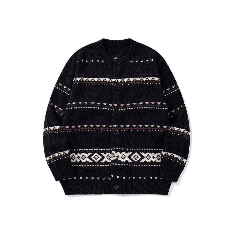 Unisex jacquard knit cardigan in boxy cut with round neck and button placket Chichicherry