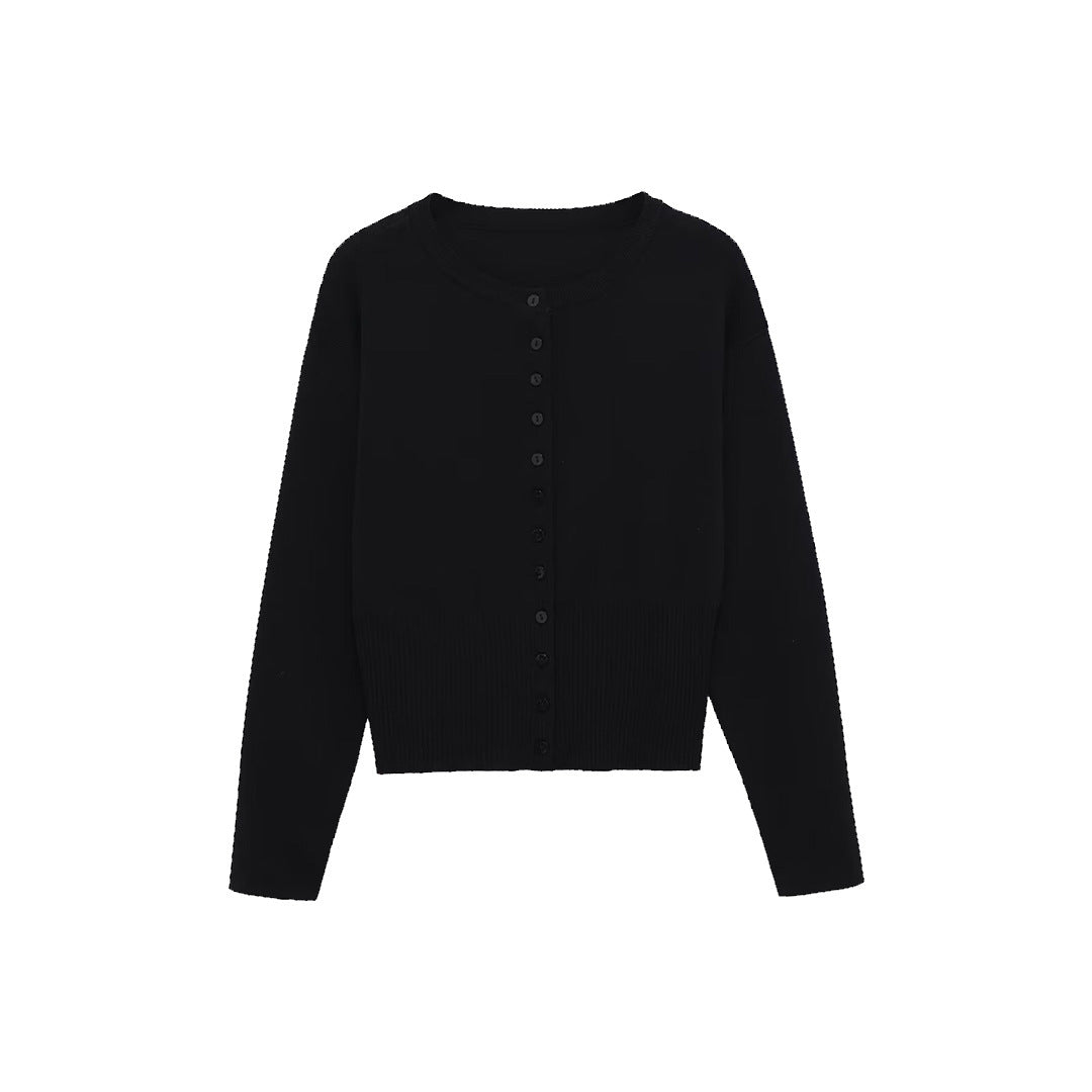 Women's Short Fine Knit Cardigan with Tailored Ribbed Waistband and Continuous Button Placket Chichicherry