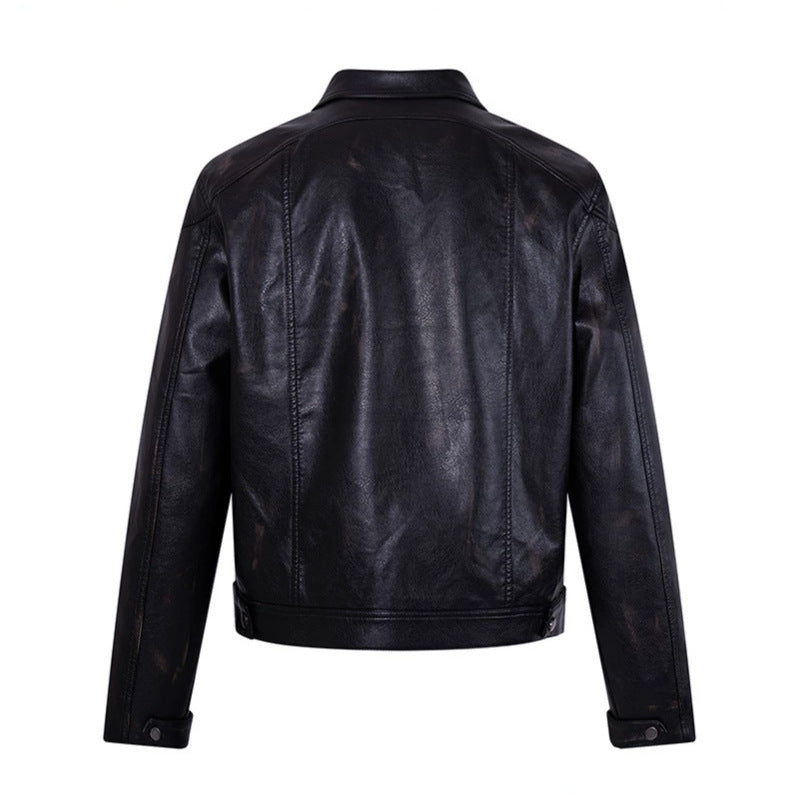 Men's Tailored Biker Jacket Made of Synthetic Leather with Shirt Collar, Zipper and Diagonal Chest Pockets Chichicherry