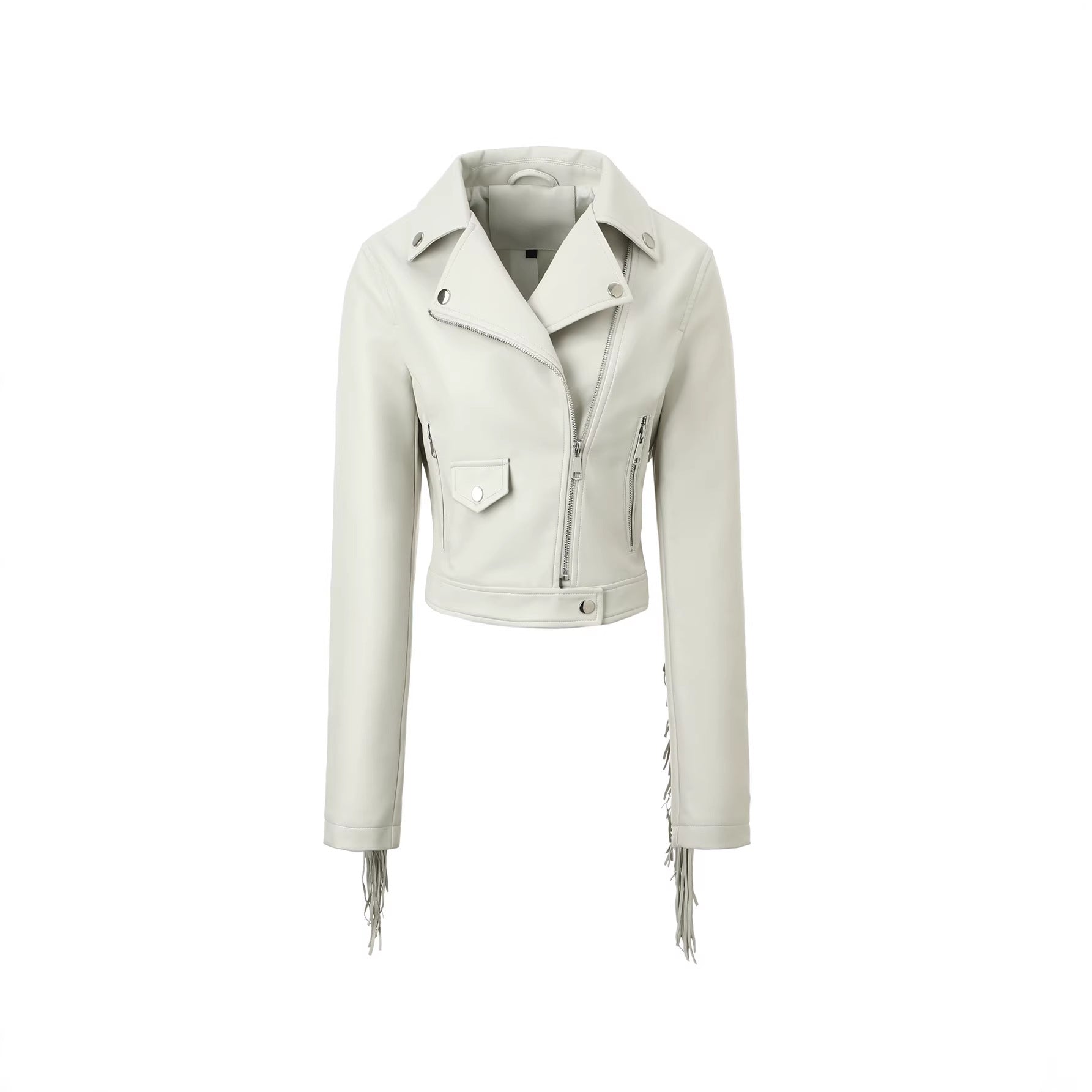 Women's short motorcycle jacket in leather look with fringe sleeves and asymmetrical zipper Chichicherry