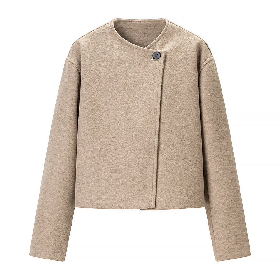 Women's Short Boxy Wool Blend Blazer with Asymmetric Button Placket Chichicherry
