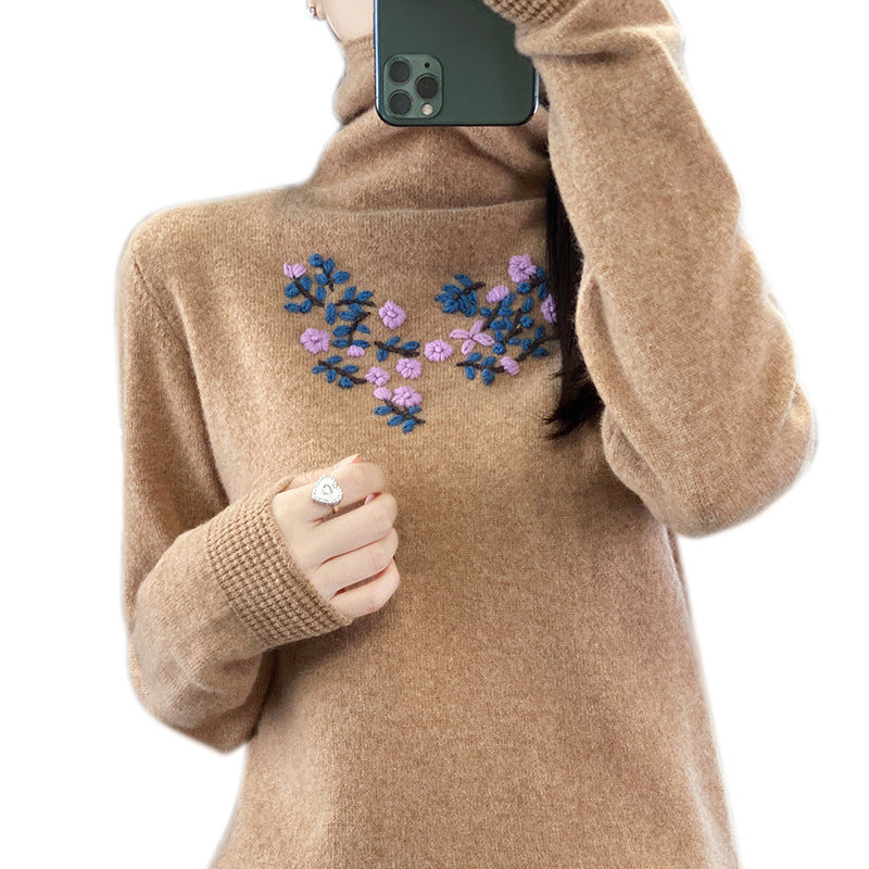 Women's Cashmere-Look Roll Neck Sweater with Delicate Floral Embroidery on the Chest Area Chichicherry