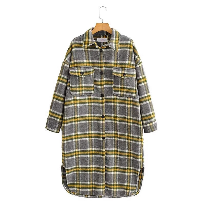 Women's Oversize Check Shirt Jacket in Longline Cut with Patch Chest Pockets Chichicherry
