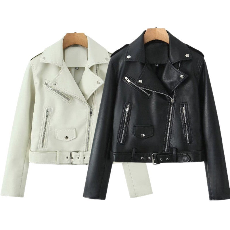 Women's robust fitted biker jacket made of faux leather with asymmetrical zipper and waist belt Chichicherry