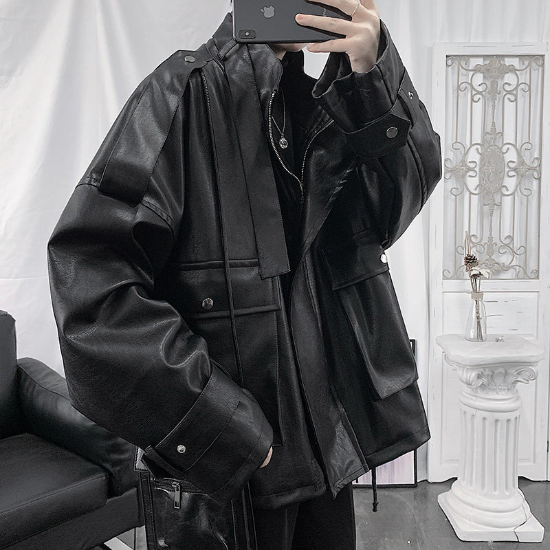 Herren Weitgeschnittene Kunstlederjacke mit Kapuze, Utility-Taschen und verstellbaren Manschetten Chichicherry