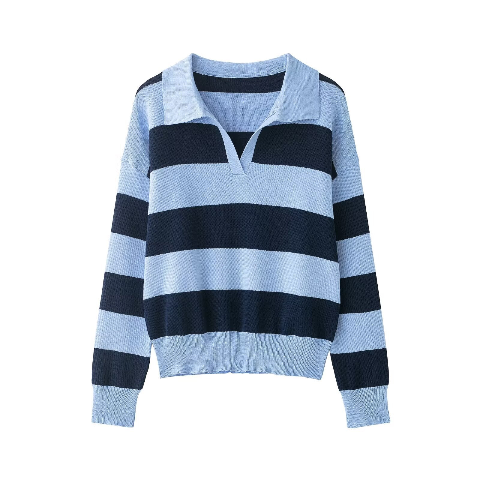 Women Striped Oversize Rugby Sweater with Polo Collar and V-Neck Chichicherry