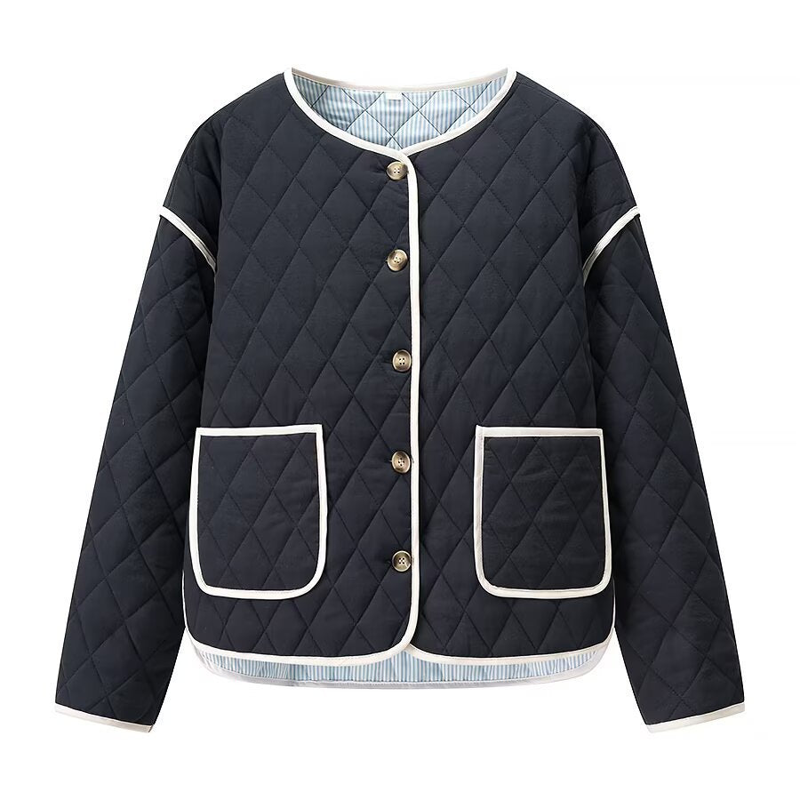 Women's quilted short jacket with diamond quilting, contrasting piping, and rounded hem Chichicherry