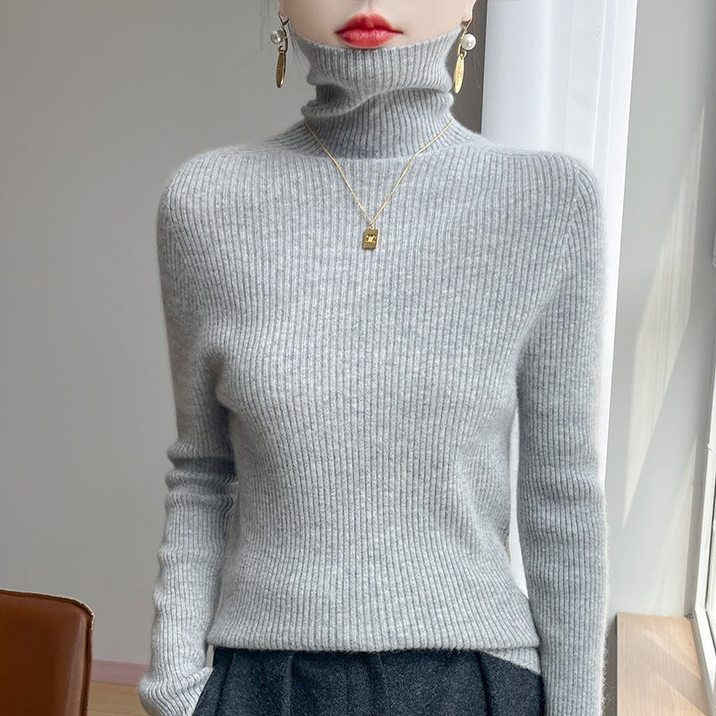 Women's Slim Ribbed Knit Turtleneck Sweater with Ruffled Neck and Cashmere-like Feel Chichicherry