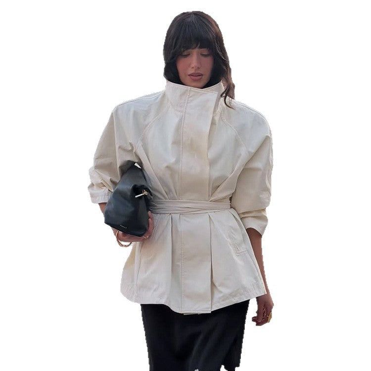 Women's Boxy Short Coat with High Stand Collar and Tied Belt Chichicherry