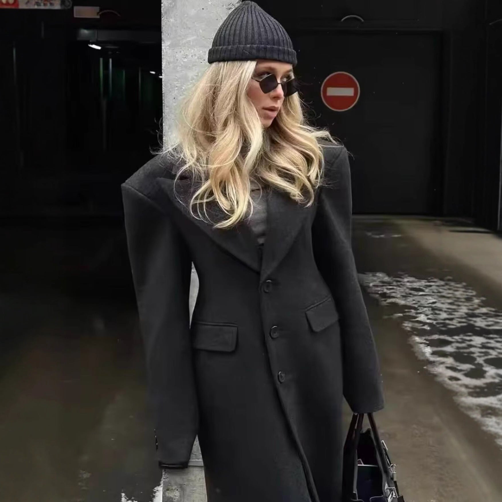 Women Longline Wool Blend Coat with Distinctive Lapels, Tailored Darts, and Flap Pockets Chichicherry