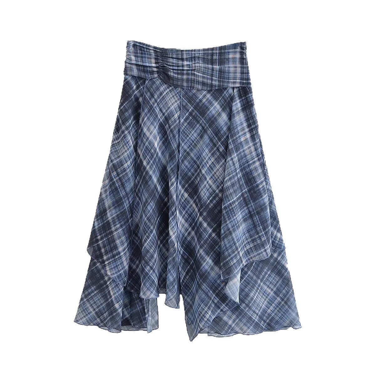 Women Asymmetrical multilayer midi skirt made of chiffon with wide waistband and check pattern Chichicherry