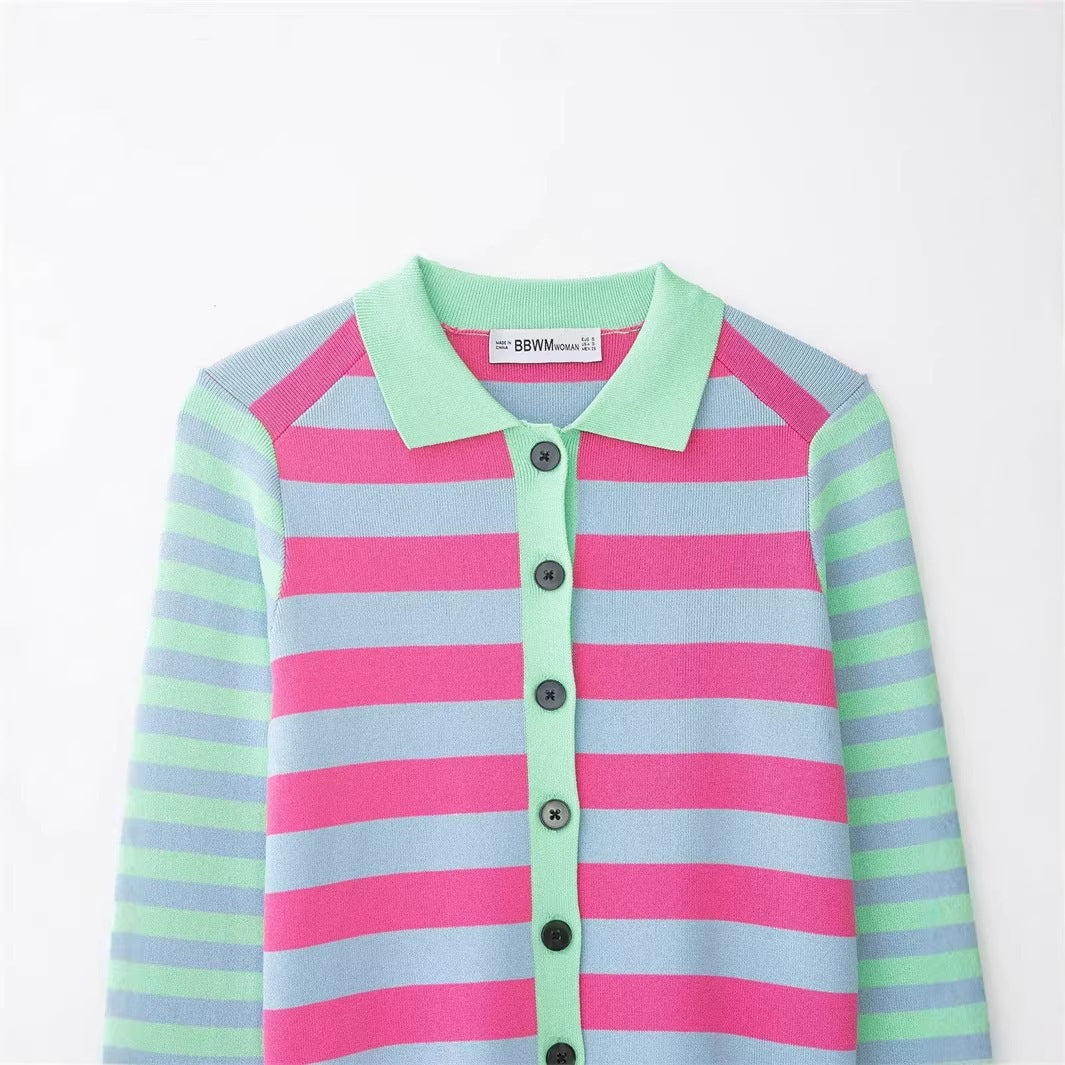 Women's Striped Short Knit Jacket with Polo Collar, Contrasting Button Placket and Ribbed Cuffs Chichicherry