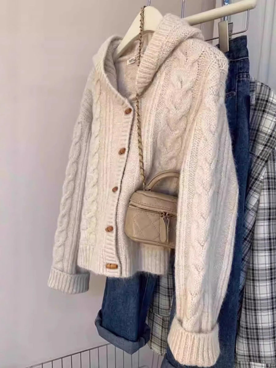 Ladies hooded cardigan with cable knit, wooden button placket and boxy silhouette Chichicherry