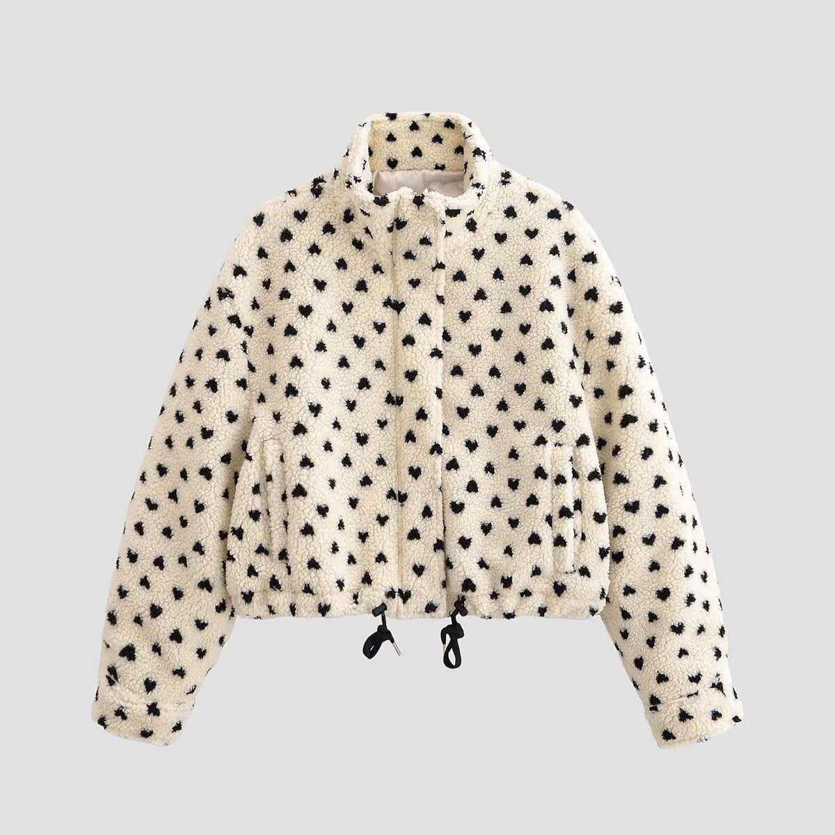 Women's teddy jacket with heart all-over, short boxy cut, stand-up collar and drawstring Chichicherry