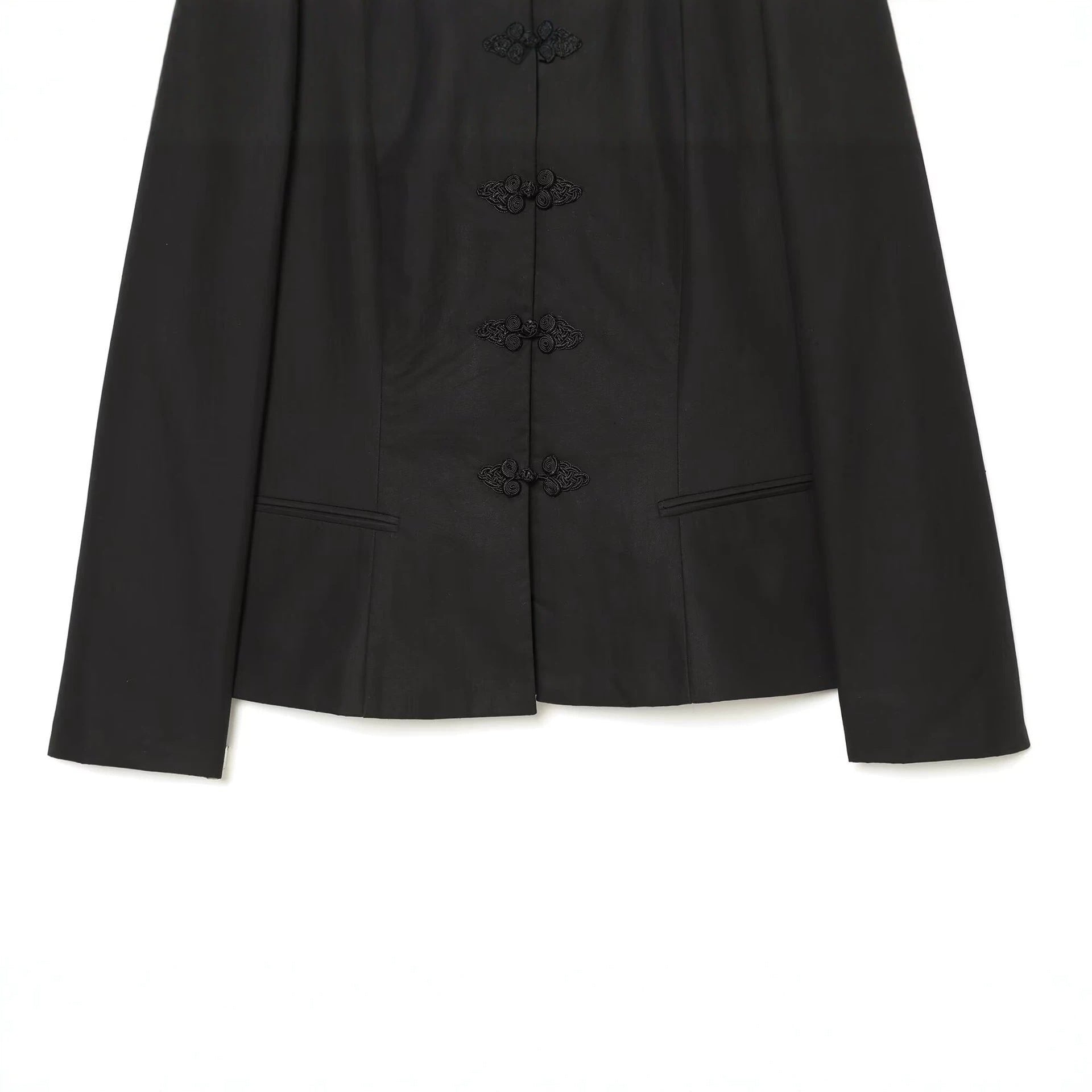 Women's Tailored Short Blazer with Mandarin Stand Collar and Decorative Frog Closures Chichicherry