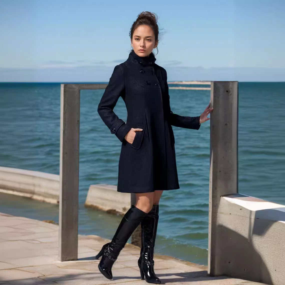 Women's A-line wool mix coat with high hood and double-button placket Chichicherry