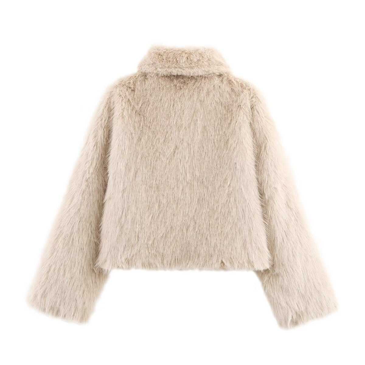 Ladies Short Fluffy Faux Fur Jacket with Lapel Collar and Straight Hem Chichicherry