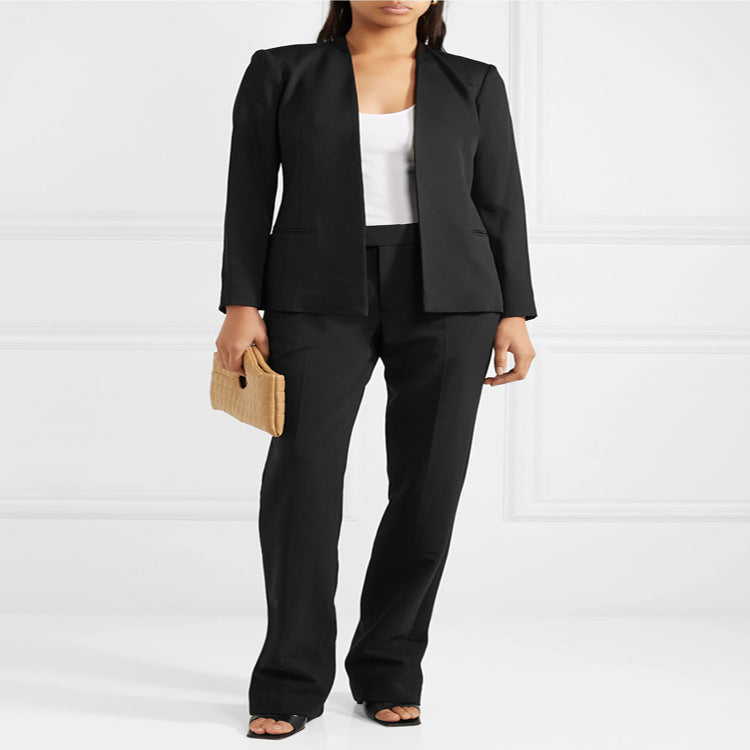 Women's Two-Piece Tailoring Set made of Stretch Crepe with Open Long Blazer and Cropped Cigarette Pants Chichicherry