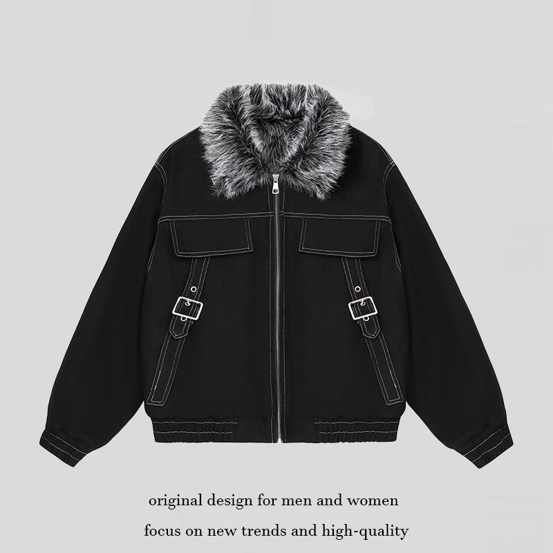 Women's padded bomber jacket with faux fur collar, contrast stitching, and buckle details Chichicherry