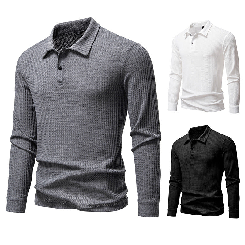 Men's Waffle Knit Polo Shirt with Half Button Placket and Shirt Collar Chichicherry