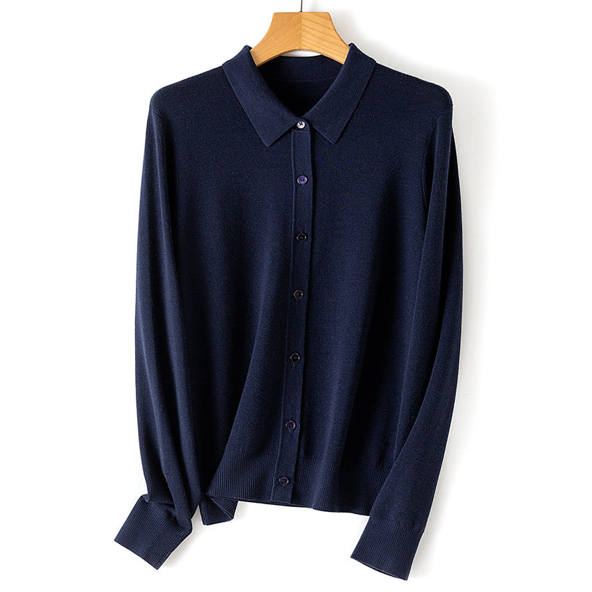 Women Fine Knit Cardigan with Shirt Collar and Continuous Button Placket Chichicherry