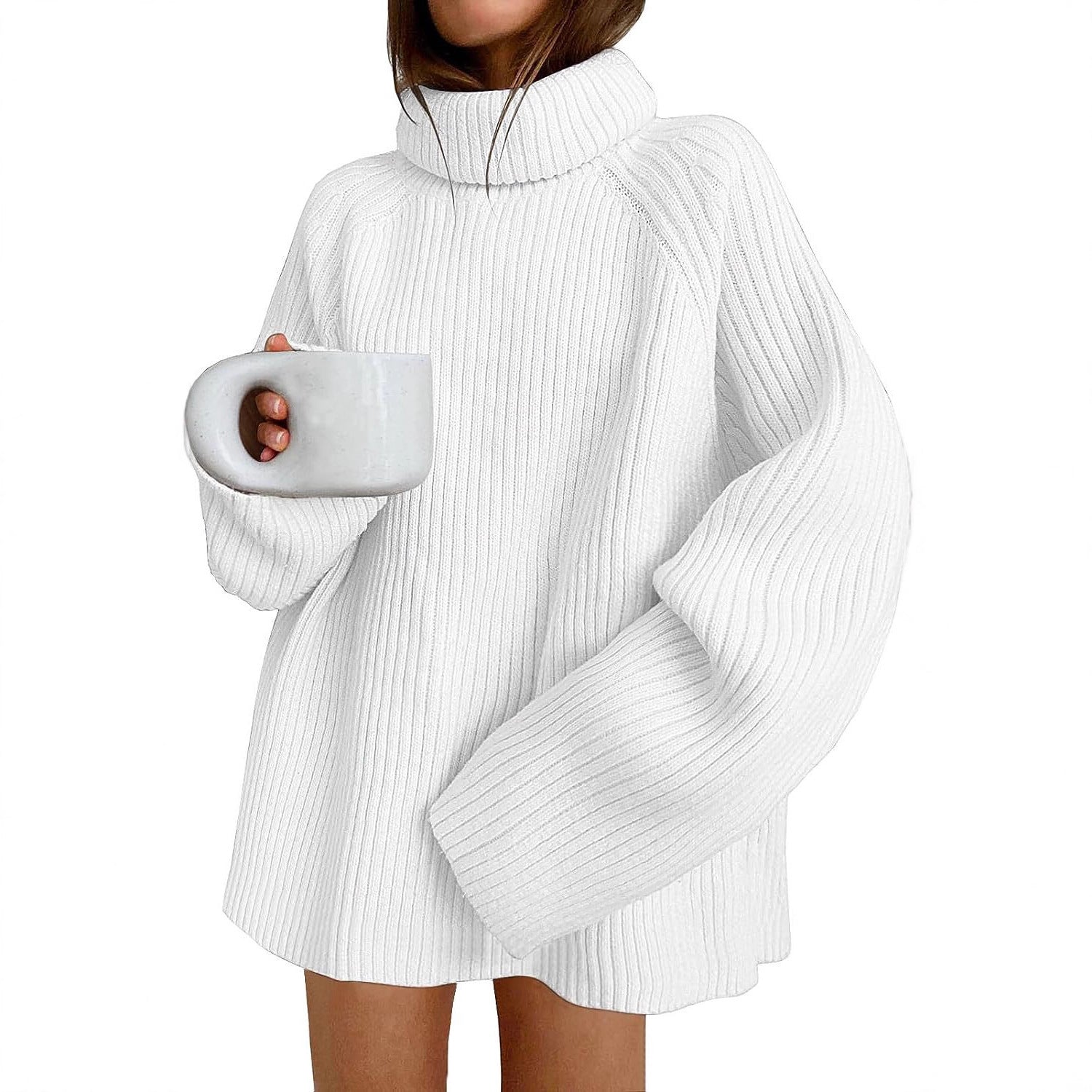 Women’s Oversize Pullover Dress made of Rib Knit with High Roll Neck and Voluminous Sleeves Chichicherry