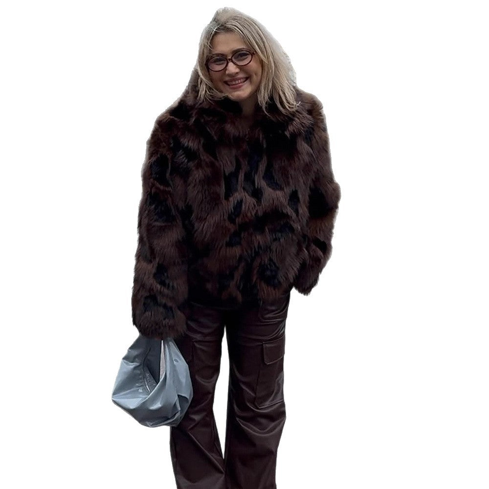 Women's Boxy Short Jacket made of Woven Fur with Natural Fur Look and Wide Shawl Collar Chichicherry