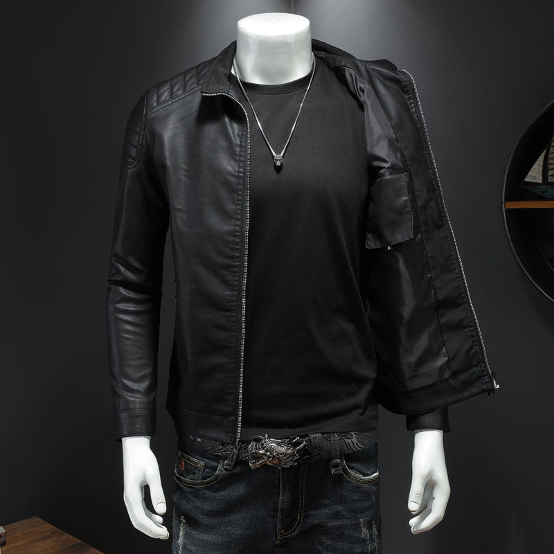 Men's slim fit faux leather moto jacket with stand-up collar and quilted shoulder yoke Chichicherry