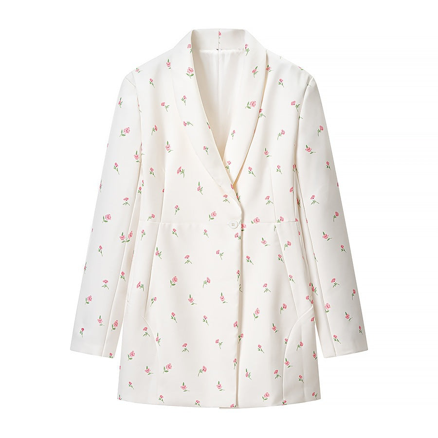 Women's Floral Longline Blazer Jacket with Shawl Collar and One-Button Closure Chichicherry