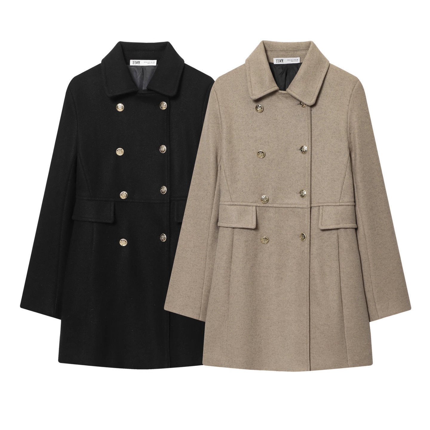 Women Double-breasted Wool Coat with Flared Pleated Skirt and Golden Decorative Buttons Chichicherry