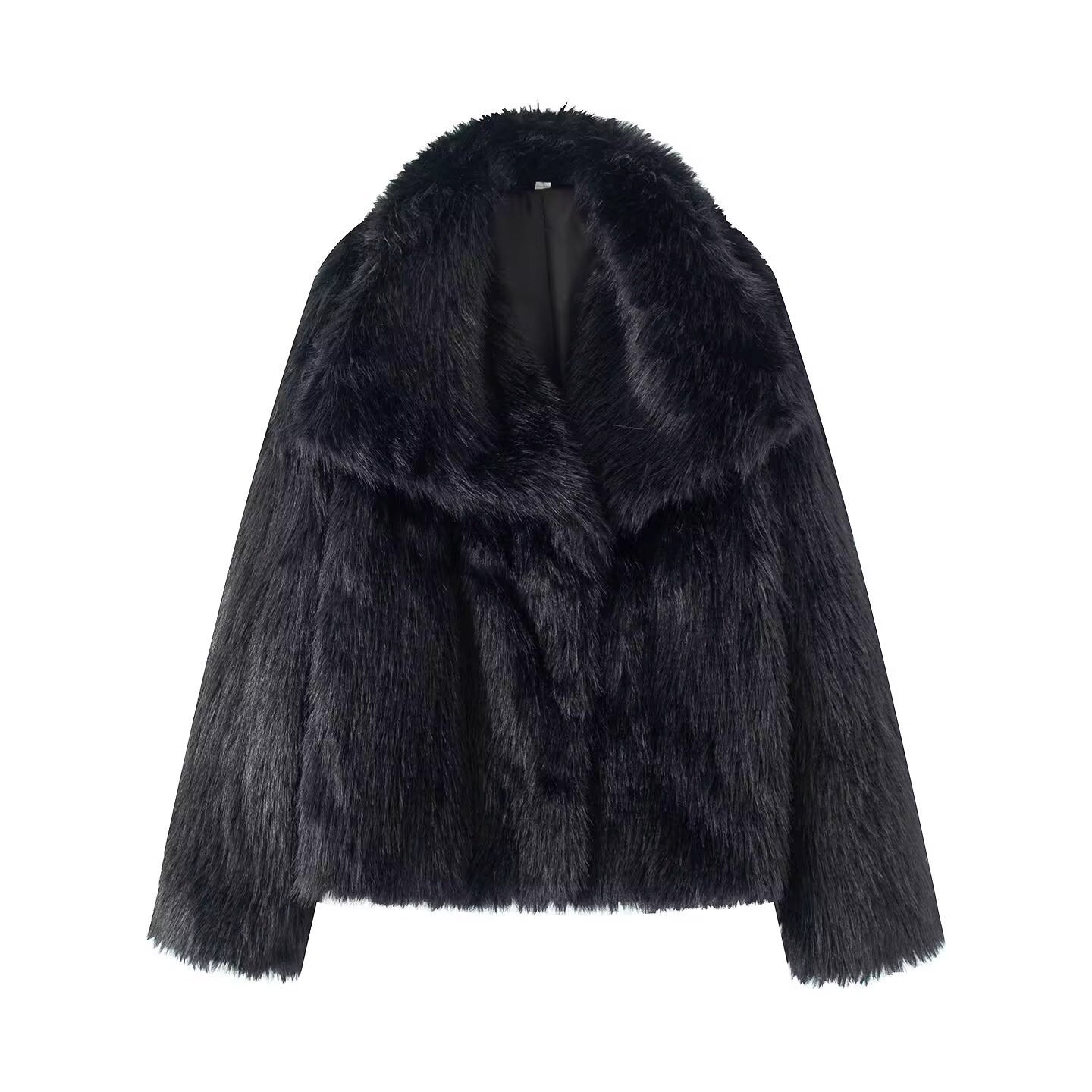 Women's Short Boxy Faux Fur Coat with Generous Shawl Collar and Soft Lining Chichicherry