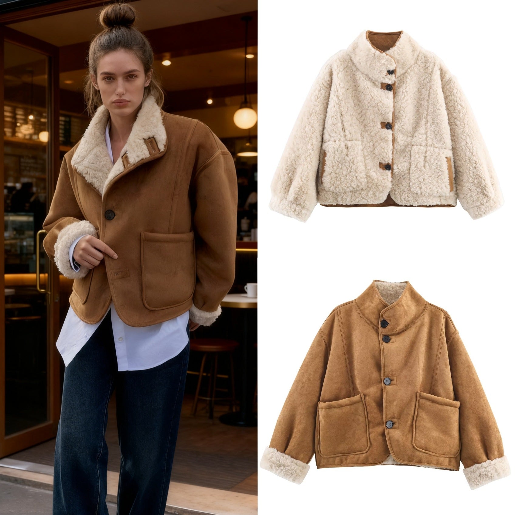 Women's Short Lambskin Imitation Jacket in Boxy Cut with Stand-Up Collar and Large Outer Pockets Chichicherry