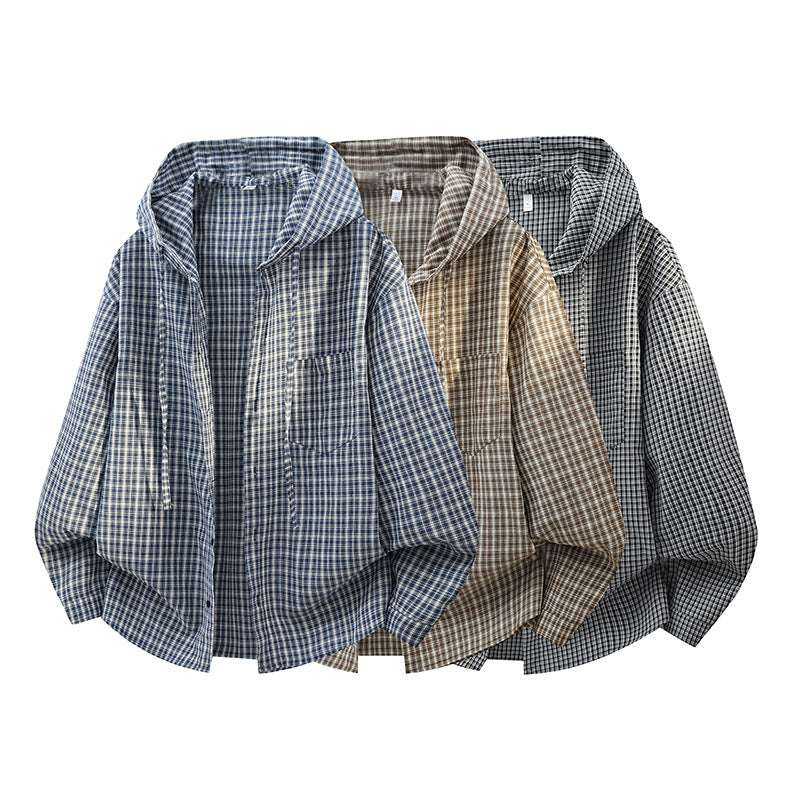 Men's Checked Overshirt Hoodie made of Cotton Blend with Hood & Relaxed Fit Chichicherry